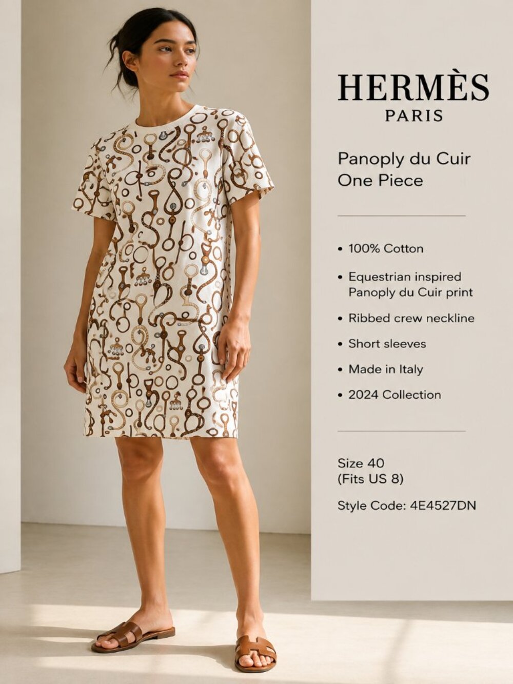 Hermès Panoply du Cuir One Piece T-Shirt Dress 40 Ivory Cotton Equestrian Print